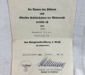 War Merit Cross with Swords Award Document