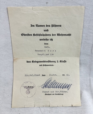 War Merit Cross with Swords Award Document